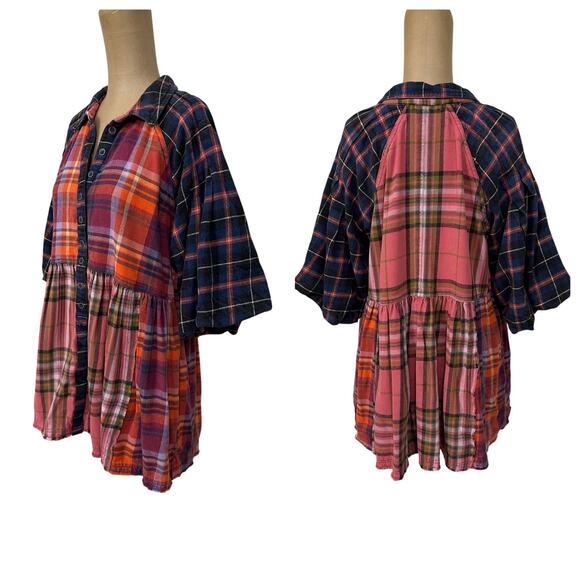 Free People Blouse XS Oversize Moon Bay Mixed Plaid Flannel Berry Combo - Picture 5 of 11